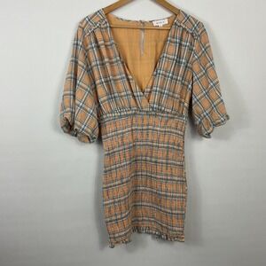 Mable Mini Dress Peach Blue Plaid Short Puff Sleeve Smocked Waist Summer